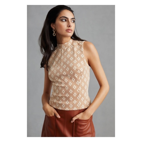 Anthropologie Eva Franco Sleeveless Cream Khaki Mock Neck Fitted Top NWT - Picture 1 of 6